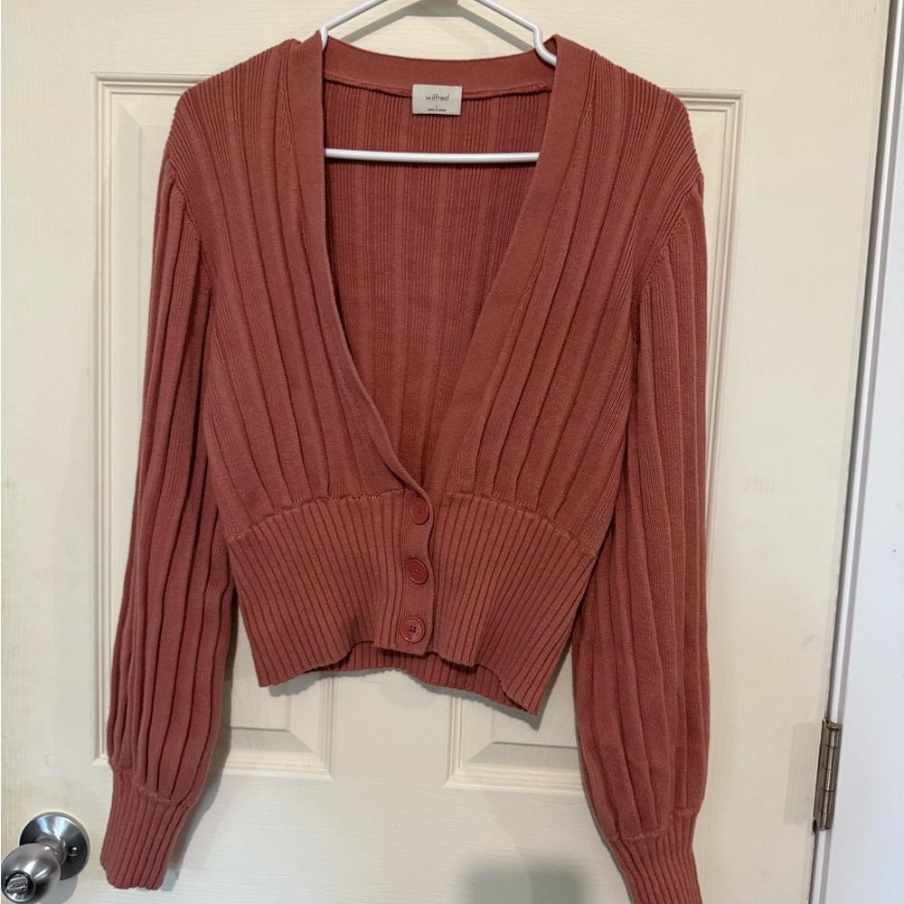 Wilfred Pink Cropped Cardigan Sweater with Balloon Sleeves